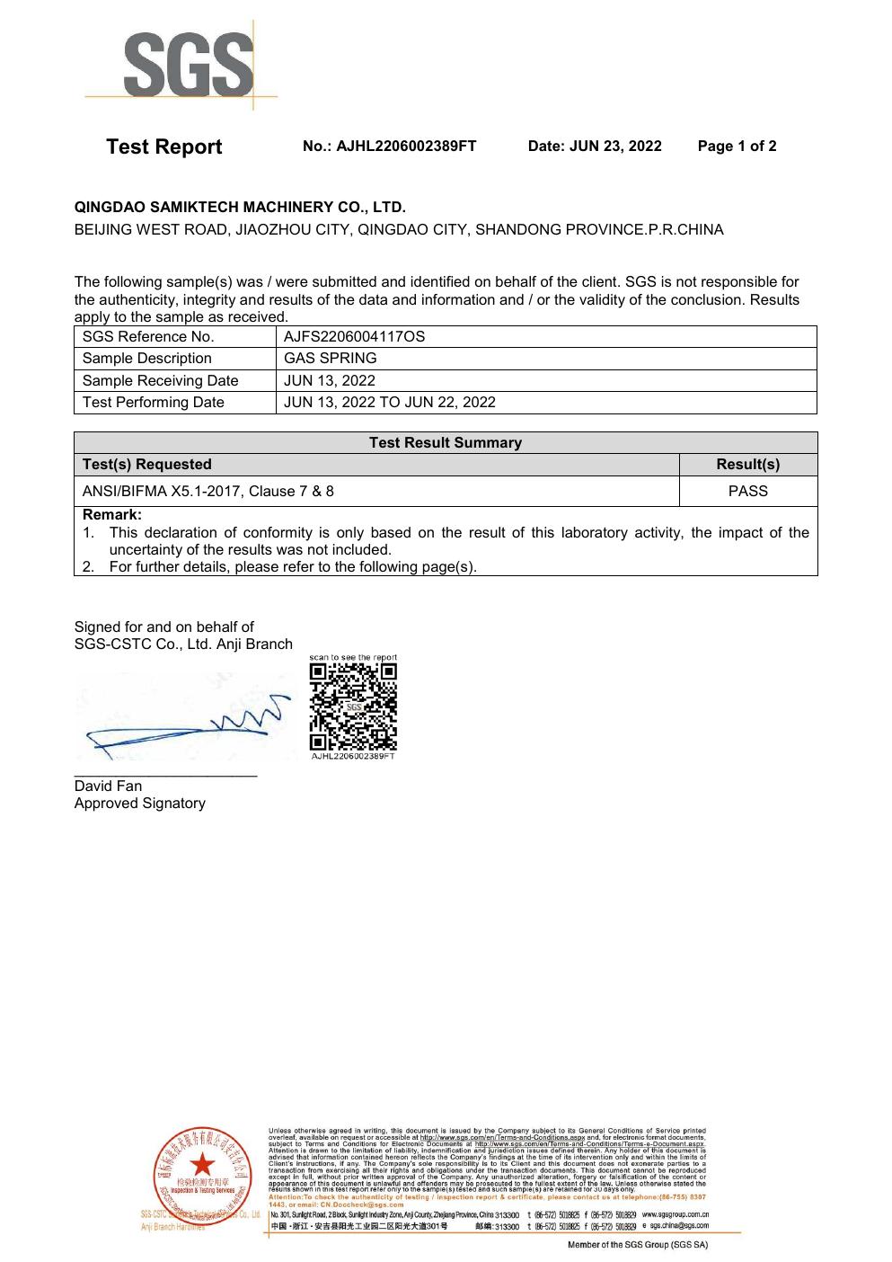 SGS ANSI BIFMA X5.1 test report 2022 cover