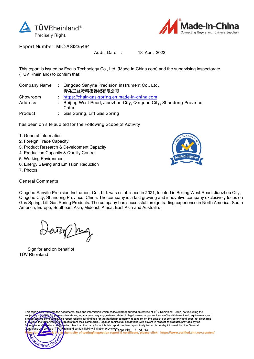 TÜV Rheinland supplier audit report cover